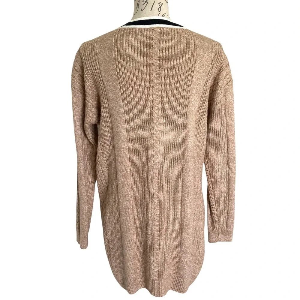 Talbots Cable Knit long Cardigan Sweater Size M Button down Cotton Preppy Tipped - Picture 10 of 17